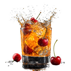 Refreshing Orange Cherry Splash in Glass with Ice Cubes for Beverage Marketing Collaterals