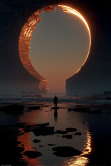 Lone Traveler Before Ancient Portal on a Shattered World – Epic Sci-Fi Fantasy Scene