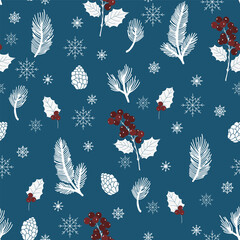 Christmas pattern with pine branches, pine cones and holly, snowflakes, and Christmas balls. Flat vector illustration. Festive design for wrapping paper, fabric, textiles, and greeting cards.