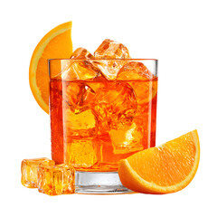 Refreshing Orange Cocktail with Ice and Fresh Slice on Wooden Background