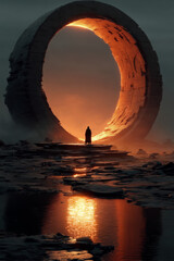 Lone Traveler Before Ancient Portal on a Shattered World – Epic Sci-Fi Fantasy Scene