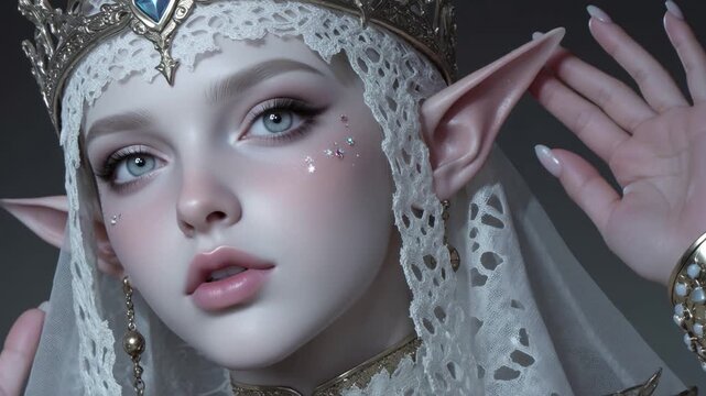 A beautiful elf with lovely skin, beautiful face, tiara and veil
