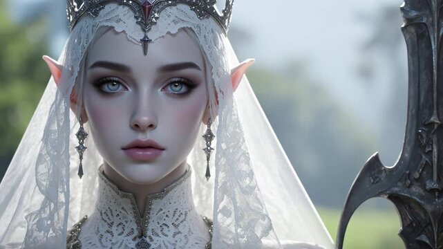 A beautiful elf with lovely skin, beautiful face, tiara and veil
