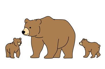 親グマと2匹の子グマが並んで歩くシンプルな線画ベクターイラスト