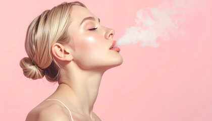 Young woman with fair skin inhaling deeply, exhaling visible vapor against soft pastel pink background, minimalist healthcare concept, calm and serene expression, wellness and relaxation