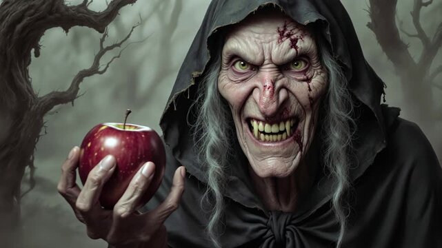 A old, ugly witch, with a grotesque and menacing appearance. She is offering a beautiful and perfect red apple
