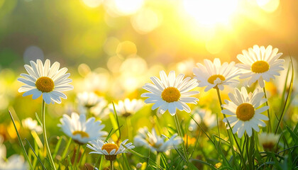 White and yellow daisies blooming in sunlit spring flower field, green grass and soft bokeh background create warm, cheerful, and peaceful nature scene