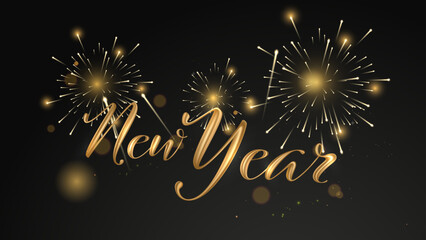 Elegant golden 2026 New Year typography with bright fireworks and sparkling light effects on a dark luxury background celebrating festive season. 2026 New Year Poster Design Vector Illustration 