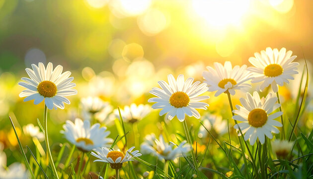 White and yellow daisies blooming in sunlit spring flower field, green grass and soft bokeh background create warm, cheerful, and peaceful nature scene