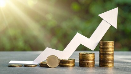 Outdoor bokeh scene with warm sunlight highlighting rising stacks of gold coins and a zigzag paper arrow pointing upward. Strong metaphor for investment, savings plans, inflation hedge and financial s