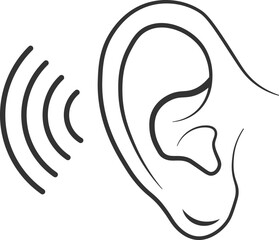 A clean and minimalist line art icon of an ear with sound waves, vector illustration isolated on a white background