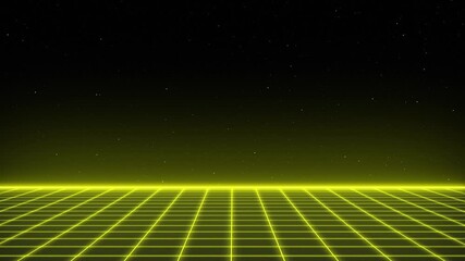 4K futuristic seamless 3D animation looping animation retro single neon grid synthwave style neon bright yellow color single mesh atmosphere on a dark background with stars 80s style - Powered by Adobe