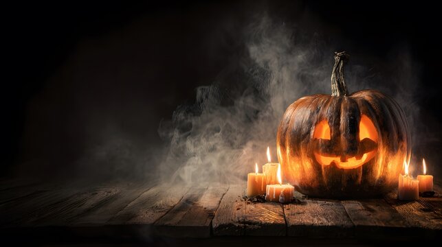 High-resolution Halloween still-life: glowing jack-o'-lantern and tapered candles on rustic wooden table, dense smoke swirling against pure black backdrop