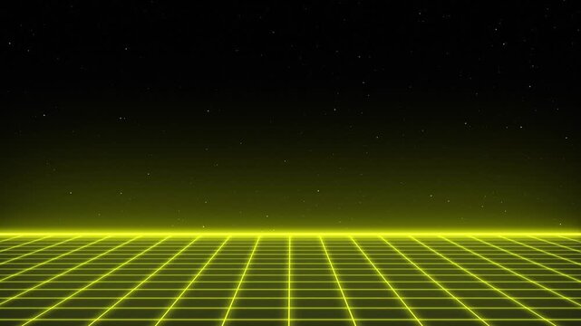 4K futuristic seamless 3D animation looping animation retro single neon grid synthwave style neon bright yellow color single mesh atmosphere on a dark background with stars 80s style