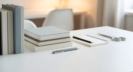 A cropped shot of a white table with books and stationery, set in a softly blurred study room, offering a clean and minimal workspace concept ideal for education or productivity-themed visuals