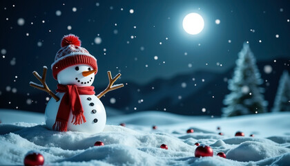Obraz premium Winter night with cheerful snowman and festive decorations under moonlight for holiday cards
