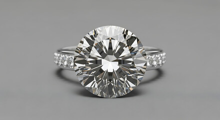 Elegant diamond ring with a large, round cut stone, set on a silver band, isolated on a gray background