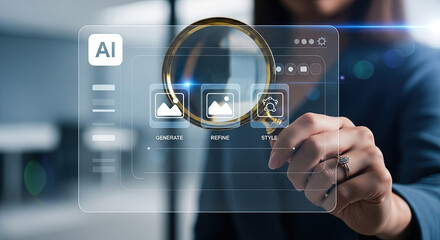 AI Image Generation Concept: Woman Using AI Interface with Magnifying Glass to Generate, Refine, and Style Images. Future of Creativity and Design.