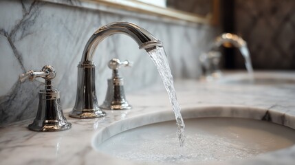 Elegant bathroom sink with flowing water from a stylish faucet on polished marble countertop for modern home luxury interior design