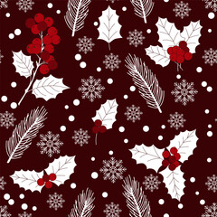 Christmas pattern with pine branches, pine cones and holly, snowflakes, and Christmas balls. Flat vector illustration. Festive design for wrapping paper, fabric, textiles, and greeting cards.