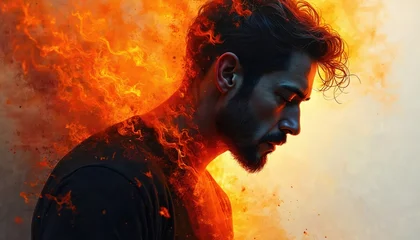 Fotobehang Abstracte kunst Man engulfed in bright orange flames, side profile. Intense fire surrounds head, neck, and shoulders. Dramatic lighting, abstract, and expressive art piece.  © Vadym
