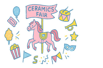 Bright and colorful ceramics fair featuring a pink carousel horse surrounded by festive elements