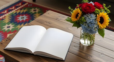 A blank book mockup displayed on a coffee table adorned with decorative flowers and a colorful rug, creating a cozy and stylish setup ideal for branding, design presentations.