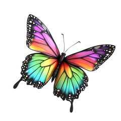 3D render of a butterfly with brilliantly colored wings ranging from violet and magenta to turquoise and yellow.