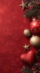 red background with christmas decorations on the right side