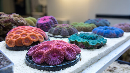 Isolated Colorful corals of various species, live rock coral fragments in small disks	
