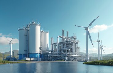 Industrial facility with large storage tanks and wind turbines near water. Facility pipes and structures indicate energy production and distribution. Blue sky above green hills.