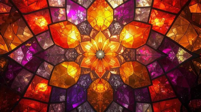 Colorful stained glass window pattern creating abstract mandala with change colors.