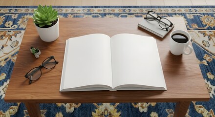 A blank book mockup displayed on a coffee table with decorative accents and a colorful rug, providing an elegant template setup ideal for showcasing book cover designs or creative branding visuals
