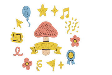 Fun and colorful doodle featuring a mushroom and party elements for a festive atmosphere