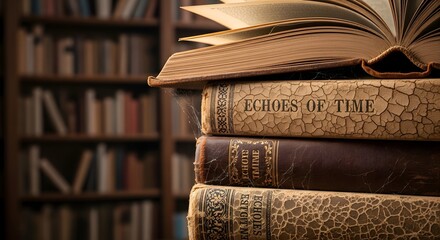  A close-up view of old books with visible titles on their spines, arranged on a tiled bookshelf, evoking a historical and scholarly atmosphere ideal for literature, heritage.