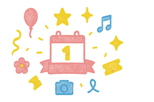 Colorful celebration icons representing a special day with balloons, music notes, and tickets