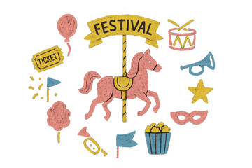 Colorful carousel horse and festival elements including tickets, balloons, and masks for a fun celebration