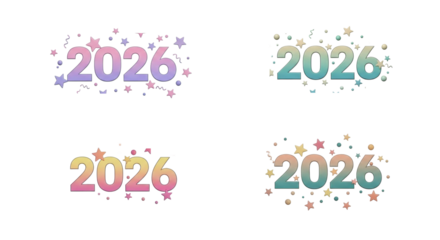 Four different colorful 2026 number designs with confetti and stars.