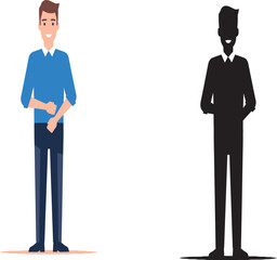 Stylized illustration of a man in a blue shirt and dark pants standing next to his silhouette