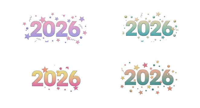 Four different colorful 2026 number designs with confetti and stars. - Powered by Adobe