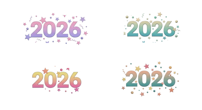 Four different colorful 2026 number designs with confetti and stars.