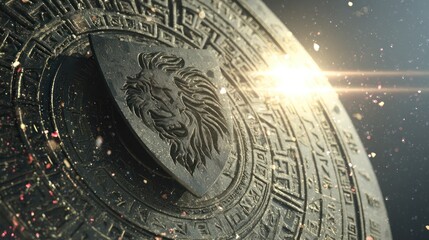 Close up of a weathered stone shield featuring a lion emblem and intricate geometric patterns