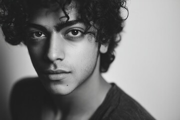 A black-and-white portrait, using soft natural light to gently highlight his facial features, emphasizing the simplicity and depth of a monochrome portrait.