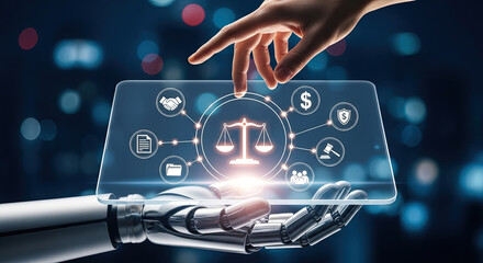AI Legal Tech: Robot Hand Holding Digital Tablet with Justice Scale Icon. Automation in Law, Legal Advice, and Online Legal Services Concept.