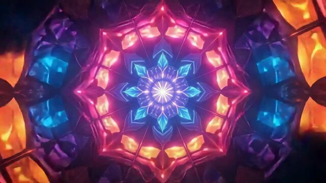 Abstract fractal kaleidoscope pattern glowing with vibrant neon colors.