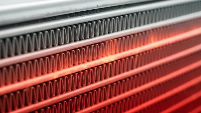 Close up of metal grid radiator system that changes color from cool to hot, heat exchange process footage