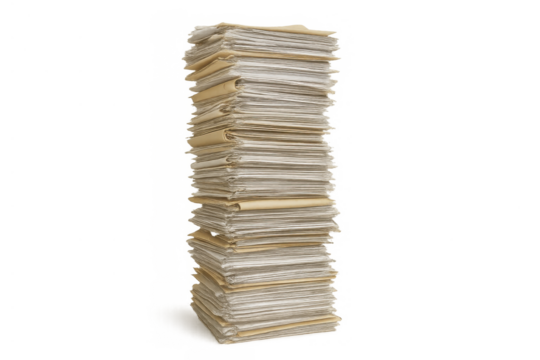 Stack of old documents creating a tall pile, representing bureaucracy, archive, and significant paperwork burden on transparent background
