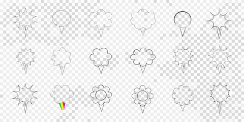 Fototapeta premium Collection of hand drawn speech bubble and location pin icons with transparent backgrounds
