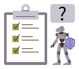 Robot with shield standing near checklist with tick marks and a question mark. Ideal for automation, decision-making, task efficiency, AI reliability, cybersecurity, workflow, programming