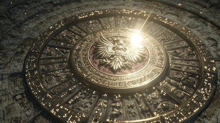 Close up of a circular ornate structure with a detailed emblem and intricate engravings